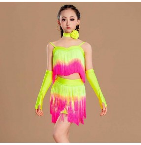 Girls kids pink green blue ombre fringe competition latin dance dresses salsa rumba party stage performance Tassels dance costumes